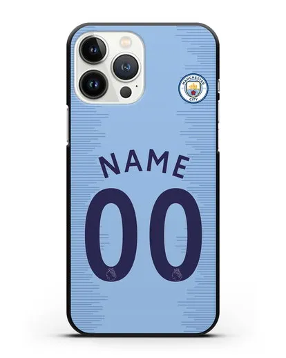 Именной чехол ФК Манчестер Сити с фамилией и номером (сезон 2018-2019) голубая форма силиконовый для iPhone 13 Pro Max