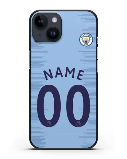 Именной чехол ФК Манчестер Сити с фамилией и номером (сезон 2018-2019) голубая форма силиконовый для iPhone 14