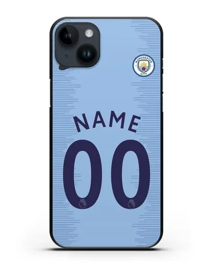 Именной чехол ФК Манчестер Сити с фамилией и номером (сезон 2018-2019) голубая форма силиконовый для iPhone 14 Plus