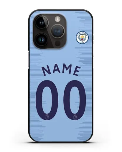 Именной чехол ФК Манчестер Сити с фамилией и номером (сезон 2018-2019) голубая форма силиконовый для iPhone 14 Pro