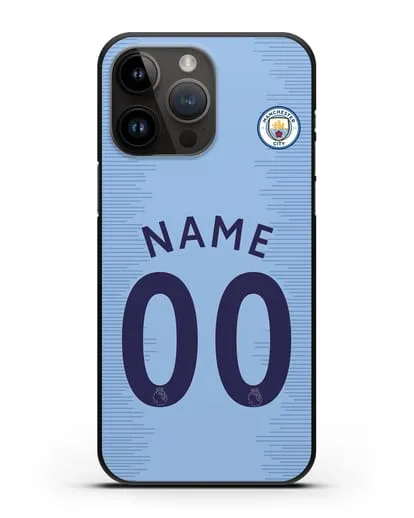Именной чехол ФК Манчестер Сити с фамилией и номером (сезон 2018-2019) голубая форма силиконовый для iPhone 14 Pro Max