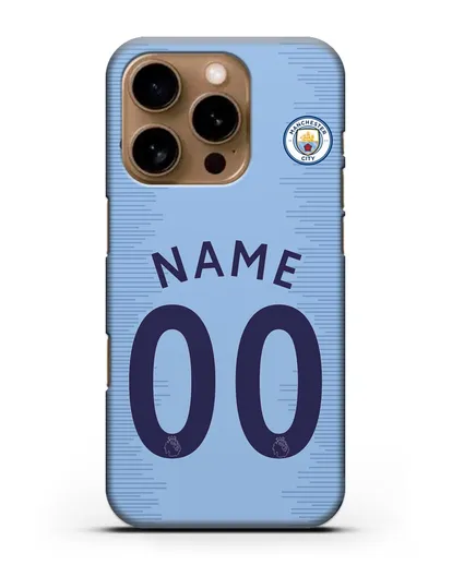 Именной чехол ФК Манчестер Сити с фамилией и номером (сезон 2018-2019) голубая форма силиконовый для iPhone 16 Pro