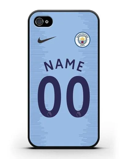 Именной чехол ФК Манчестер Сити с фамилией и номером (сезон 2018-2019) голубая форма силиконовый для iPhone 4/4s