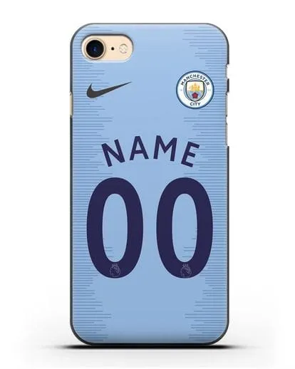 Именной чехол ФК Манчестер Сити с фамилией и номером (сезон 2018-2019) голубая форма силиконовый для iPhone 8