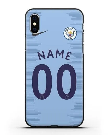 Именной чехол ФК Манчестер Сити с фамилией и номером (сезон 2018-2019) голубая форма силиконовый для iPhone XS