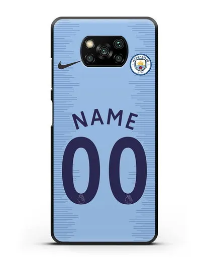 Именной чехол ФК Манчестер Сити с фамилией и номером (сезон 2018-2019) голубая форма силиконовый для Xiaomi Poco X3 Pro