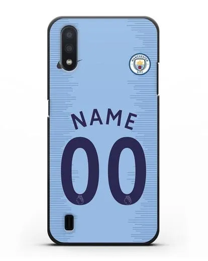 Именной чехол ФК Манчестер Сити с фамилией и номером (сезон 2018-2019) голубая форма силиконовый для Samsung Galaxy A01 [SM-A015F]