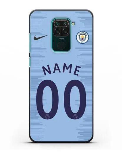 Именной чехол ФК Манчестер Сити с фамилией и номером (сезон 2018-2019) голубая форма силиконовый для Xiaomi Redmi Note 9