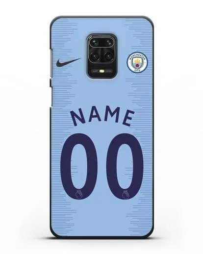 Именной чехол ФК Манчестер Сити с фамилией и номером (сезон 2018-2019) голубая форма силиконовый для Xiaomi Redmi Note 9 Pro