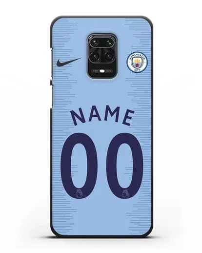 Именной чехол ФК Манчестер Сити с фамилией и номером (сезон 2018-2019) голубая форма силиконовый для Xiaomi Redmi Note 9S