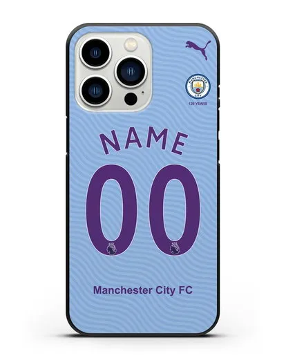 Именной чехол ФК Манчестер Сити с фамилией и номером (сезон 2019-2020) голубая форма силиконовый для iPhone 13 Pro