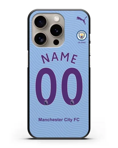 Именной чехол ФК Манчестер Сити с фамилией и номером (сезон 2019-2020) голубая форма силиконовый для iPhone 15 Pro