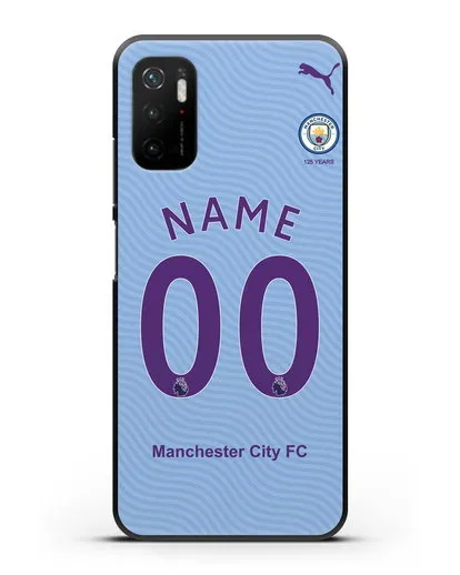 Именной чехол ФК Манчестер Сити с фамилией и номером (сезон 2019-2020) голубая форма силиконовый для Xiaomi Poco M3 Pro