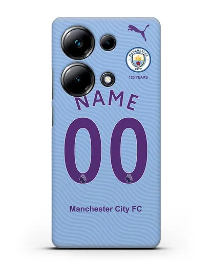 Именной чехол ФК Манчестер Сити с фамилией и номером (сезон 2019-2020) голубая форма силиконовый для Xiaomi Poco M6 Pro