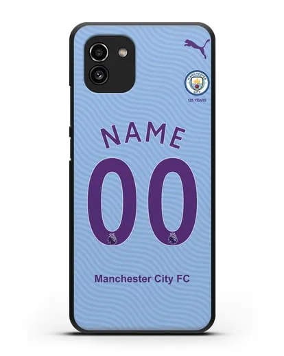 Именной чехол ФК Манчестер Сити с фамилией и номером (сезон 2019-2020) голубая форма силиконовый для Samsung Galaxy A03 [SM-A035]