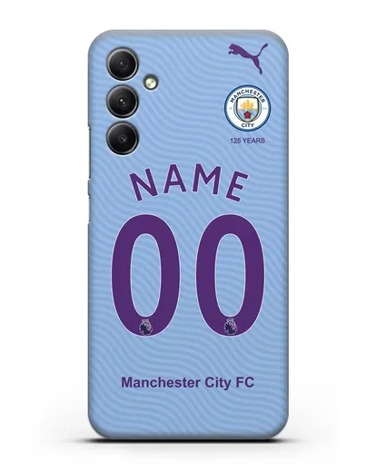 Именной чехол ФК Манчестер Сити с фамилией и номером (сезон 2019-2020) голубая форма силиконовый для Samsung Galaxy A34 [SM-A346]