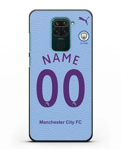 Именной чехол ФК Манчестер Сити с фамилией и номером (сезон 2019-2020) голубая форма силиконовый для Xiaomi Redmi Note 9