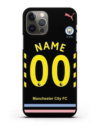 Именной чехол ФК Манчестер Сити с фамилией и номером (сезон 2019-2020) черная форма силиконовый для iPhone 12 Pro