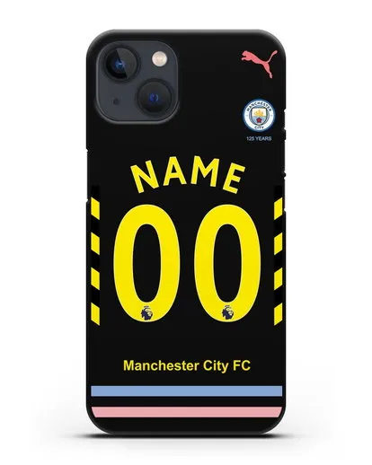 Именной чехол ФК Манчестер Сити с фамилией и номером (сезон 2019-2020) черная форма силиконовый для iPhone 13