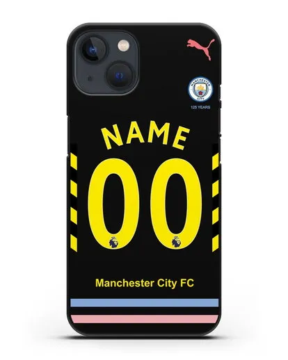 Именной чехол ФК Манчестер Сити с фамилией и номером (сезон 2019-2020) черная форма силиконовый для iPhone 13 Mini