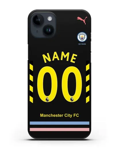 Именной чехол ФК Манчестер Сити с фамилией и номером (сезон 2019-2020) черная форма силиконовый для iPhone 14 Plus