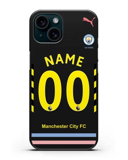 Именной чехол ФК Манчестер Сити с фамилией и номером (сезон 2019-2020) черная форма силиконовый для iPhone 15