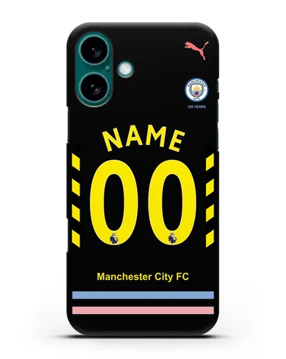 Именной чехол ФК Манчестер Сити с фамилией и номером (сезон 2019-2020) черная форма силиконовый для iPhone 16 Plus