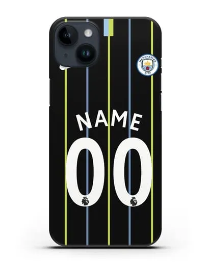 Именной чехол ФК Манчестер Сити с фамилией и номером (сезон 2018-2019) черная форма силиконовый для iPhone 14 Plus