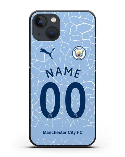 Именной чехол ФК Манчестер Сити с фамилией и номером (сезон 2020-2021) домашняя форма силиконовый для iPhone 13