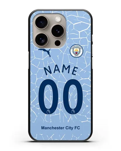 Именной чехол ФК Манчестер Сити с фамилией и номером (сезон 2020-2021) домашняя форма силиконовый для iPhone 15 Pro