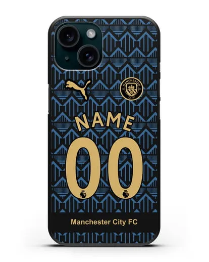 Именной чехол ФК Манчестер Сити с фамилией и номером (сезон 2020-2021) гостевая форма силиконовый для iPhone 15