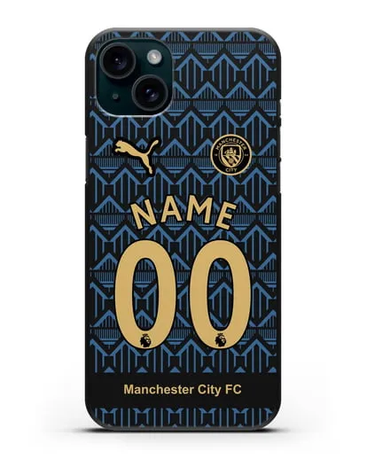 Именной чехол ФК Манчестер Сити с фамилией и номером (сезон 2020-2021) гостевая форма силиконовый для iPhone 15 Plus