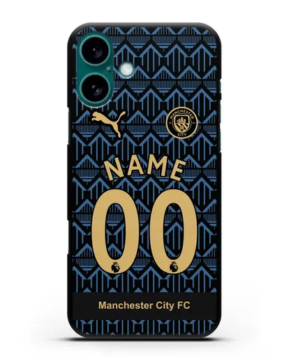 Именной чехол ФК Манчестер Сити с фамилией и номером (сезон 2020-2021) гостевая форма силиконовый для iPhone 16 Plus