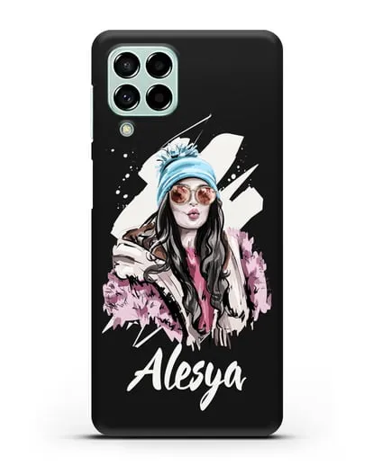 Именной чехол Девушка брюнетка в очках и шапке с помпоном силиконовый для Samsung Galaxy M53 [SM-M536]