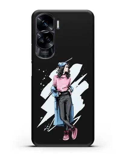 Чехол Девушка брюнетка в уггах и пальто силиконовый для Honor 90 Lite