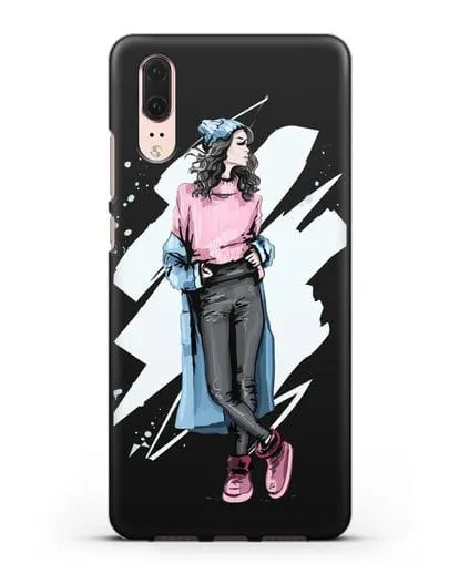 Чехол Девушка брюнетка в уггах и пальто силиконовый для Huawei P20