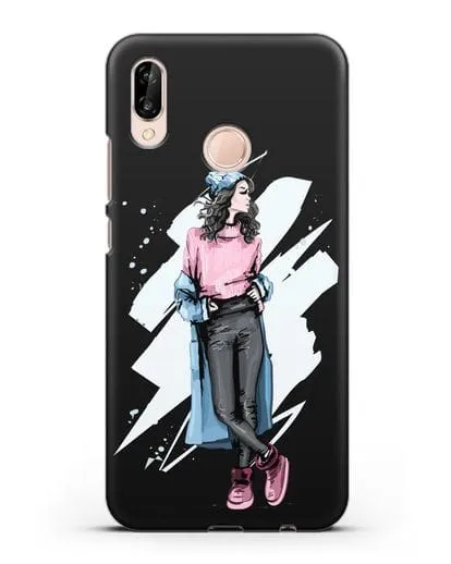 Чехол Девушка брюнетка в уггах и пальто силиконовый для Huawei P20 Lite