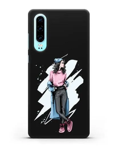 Чехол Девушка брюнетка в уггах и пальто силиконовый для Huawei P30