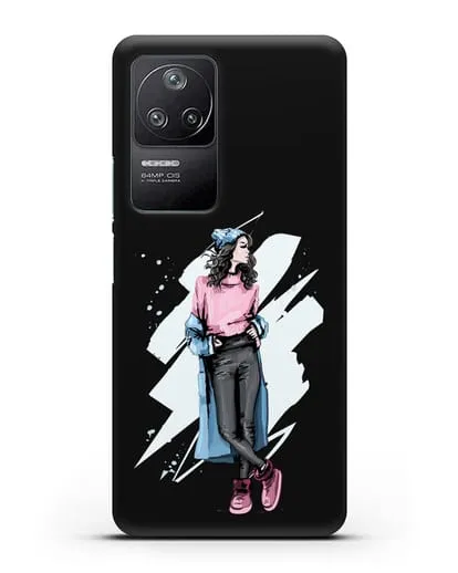 Чехол Девушка брюнетка в уггах и пальто силиконовый для Xiaomi Poco F4