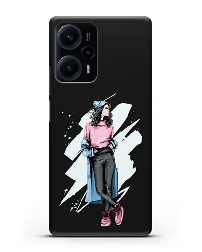 Чехол Девушка брюнетка в уггах и пальто силиконовый для Xiaomi Poco F5