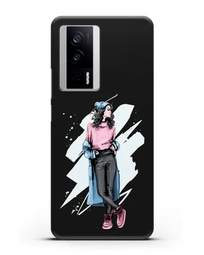 Чехол Девушка брюнетка в уггах и пальто силиконовый для Xiaomi Poco F5 Pro