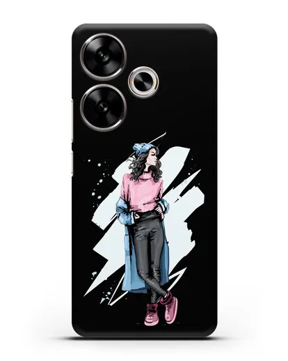 Чехол Девушка брюнетка в уггах и пальто силиконовый для Xiaomi Poco F6