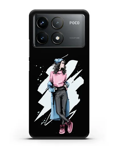 Чехол Девушка брюнетка в уггах и пальто силиконовый для Xiaomi Poco F6 Pro