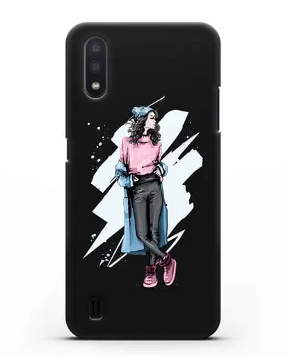 Чехол Девушка брюнетка в уггах и пальто силиконовый для Samsung Galaxy A01 [SM-A015F]