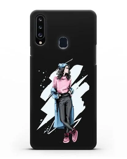 Чехол Девушка брюнетка в уггах и пальто силиконовый для Samsung Galaxy A20s [SM-A207FN]