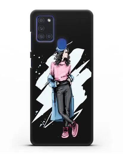 Чехол Девушка брюнетка в уггах и пальто силиконовый для Samsung Galaxy A21s [SM-A217F]