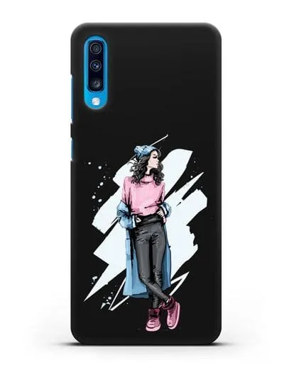 Чехол Девушка брюнетка в уггах и пальто силиконовый для Samsung Galaxy A70 [SM-A705F]