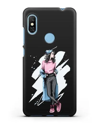 Чехол Девушка брюнетка в уггах и пальто силиконовый для Xiaomi Redmi Note 6 Pro