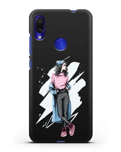 Чехол Девушка брюнетка в уггах и пальто силиконовый для Xiaomi Redmi Note 7