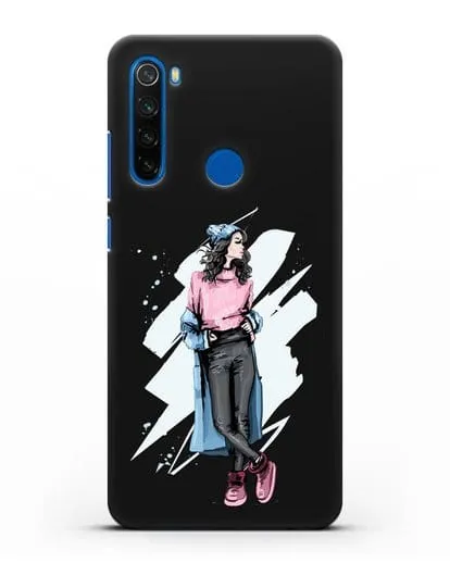 Чехол Девушка брюнетка в уггах и пальто силиконовый для Xiaomi Redmi Note 8